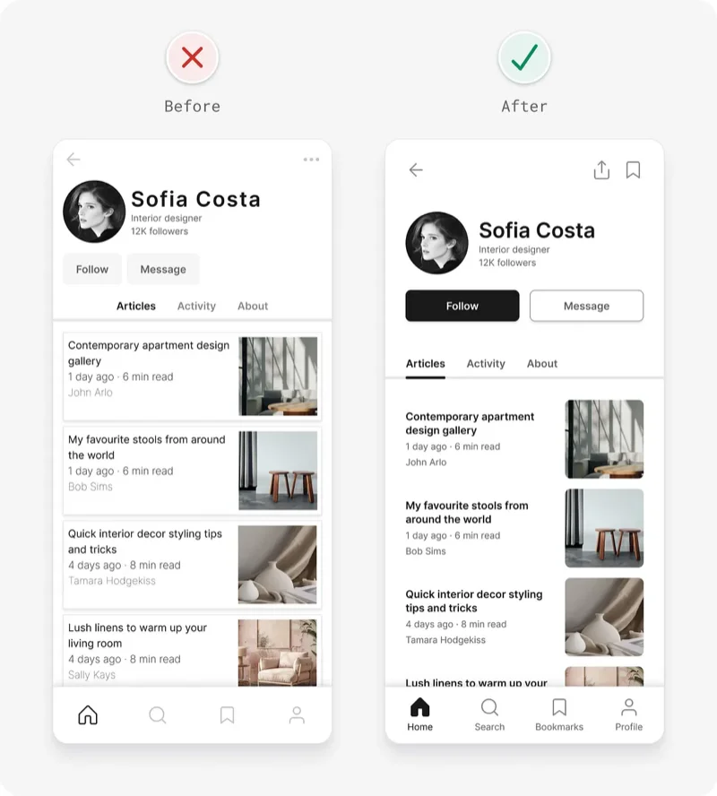 Dicas de UI para interfaces mais eficientes: antes e depois de tela de aplicativo.
