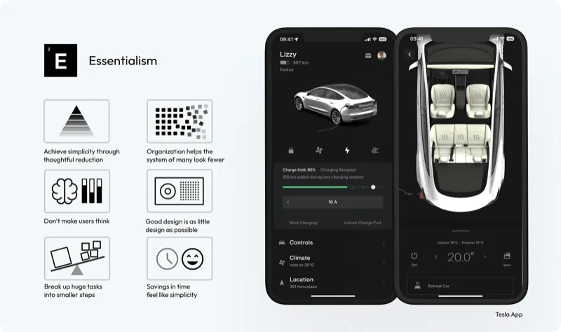 Essencialismo: capturas de tela do app Tesla
