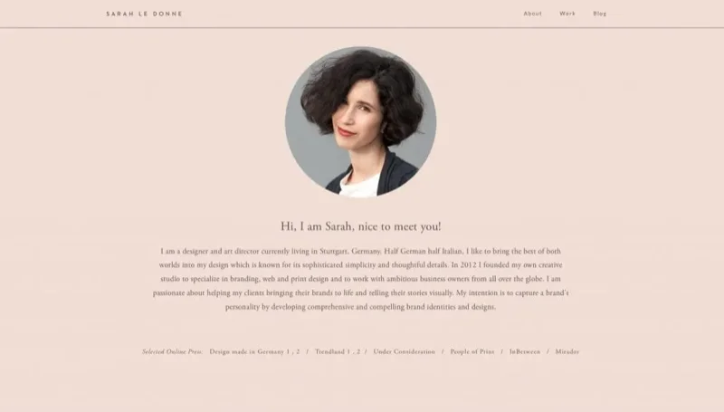 Página Sobre do portfolio de Sarah Le Donne