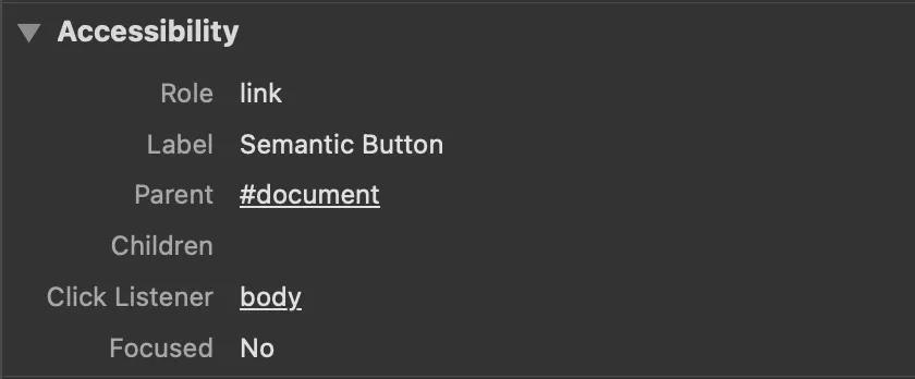 Painel de Acessibilidade do DevTools mostrando o role acessível de link com um label de Semantic Button.