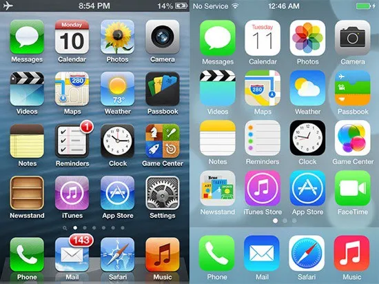 A transição da Apple de skeuomorfismo para flat design.
