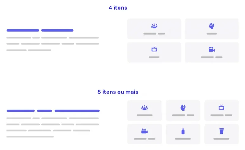 Comparativo de layouts: com 4 itens e com 5 itens ou mais.