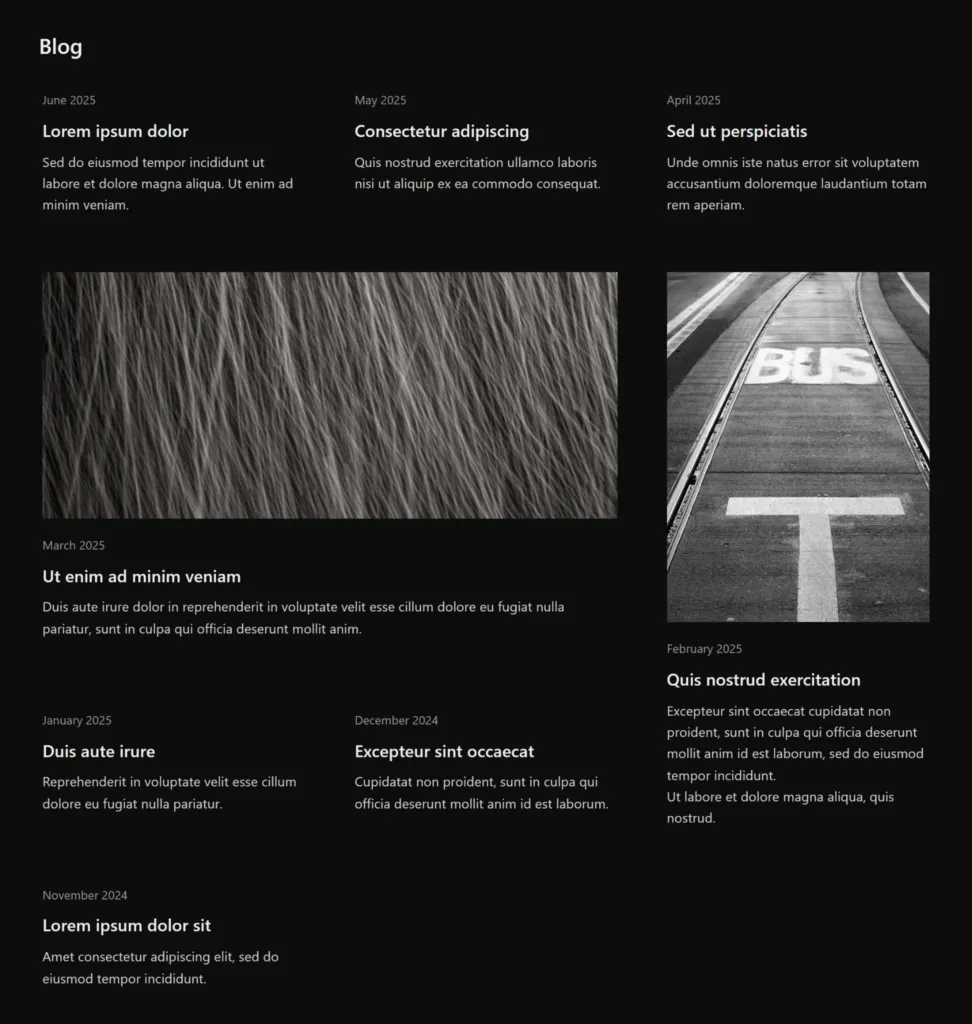 Um grid de blog com uma primeira linha de três artigos contendo título e resumo. A segunda linha mostra dois posts com imagem no topo, título e resumo. O post à direita ocupa também a linha seguinte, que tem mais dois posts apenas com título e resumo. A última linha tem um único post com título e resumo.
