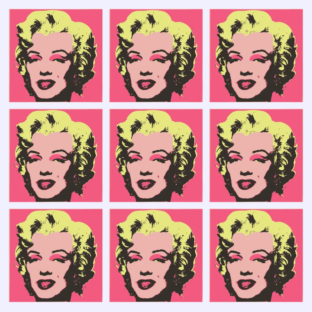 A mesma grade de três por três, mas os nove retratos são idênticos: fundo rosa, cabelo amarelo, rosto cor de pele e uma matriz de tinta quase preta.