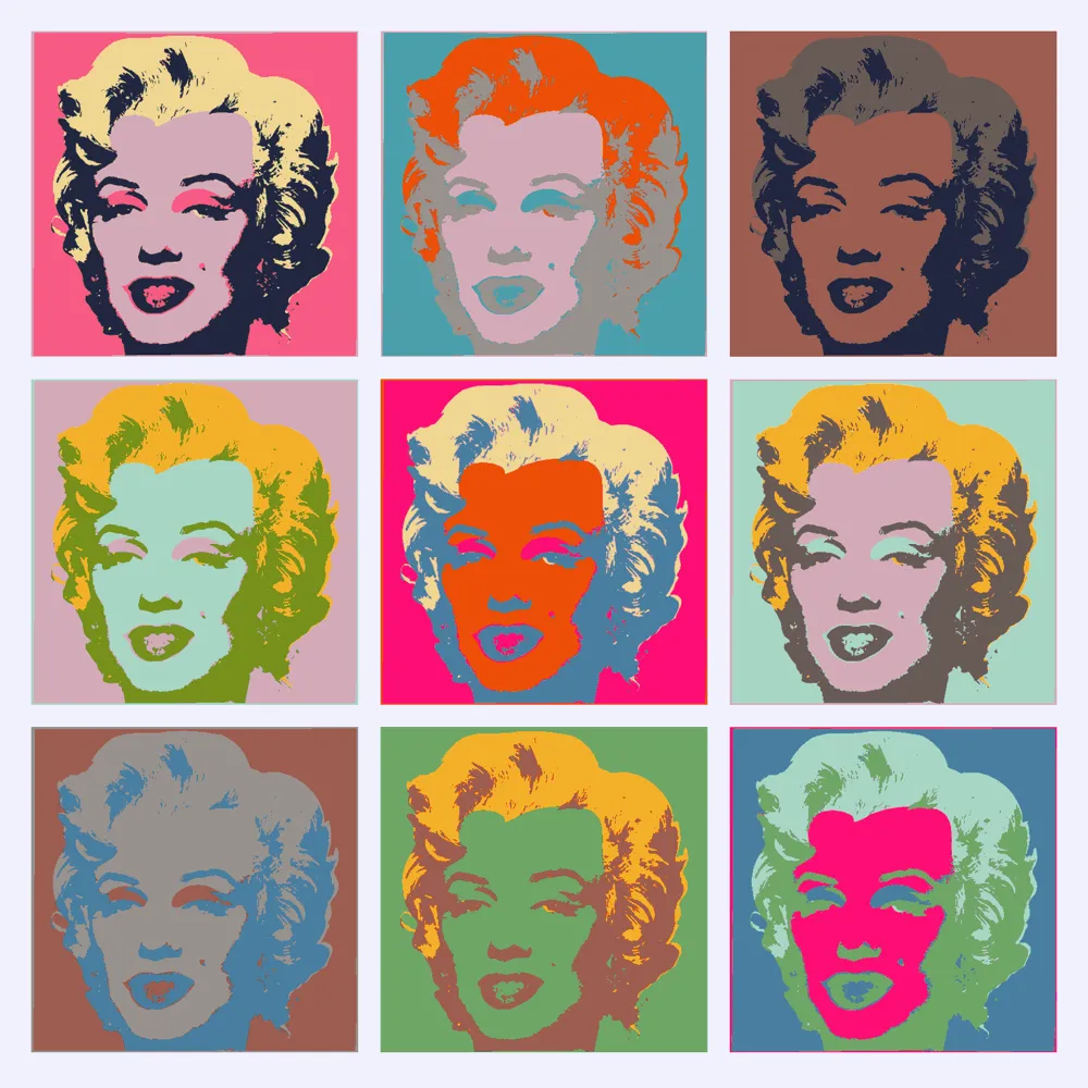 Nove retratos de Marilyn Monroe numa grade de três por três, cada um com um conjunto diferente de cores: rosa e amarelo, turquesa e laranja, ameixa e azul-marinho, lilás e azul-celeste, magenta e laranja, verde-menta e âmbar, cinza e azul-ardósia, verde e vermelho-tijolo, verde-azulado e magenta.