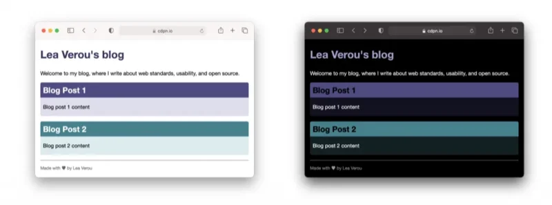 Dark Mode: diferença entre modo claro e modo escuro usando variáveis de cor HSL.