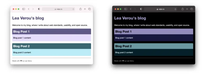 Dark Mode: diferença entre modo claro e modo escuro usando variáveis de cor LCH.