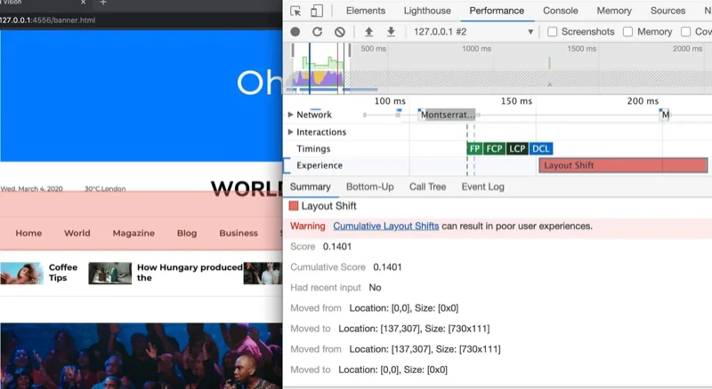 Depois de uma nova gravação no painel Performance, a seção Experience é preenchida com uma barra vermelha mostrando um registro de Layout Shift. Clicar no registro permite detalhar os elementos impactados (por exemplo, observe as entradas movidas de/para).