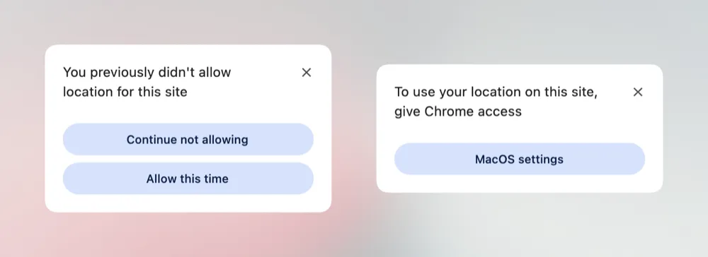 Duas caixas de confirmação. Uma diz que o usuário não permitiu a localização para este site anteriormente, e a outra diz que, para usar a localização neste site, é preciso dar acesso ao Chrome.