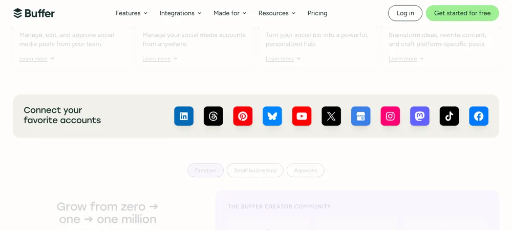 Seção da Buffer com o título Connect your favorite accounts à esquerda e uma fileira de ícones de redes sociais à direita.