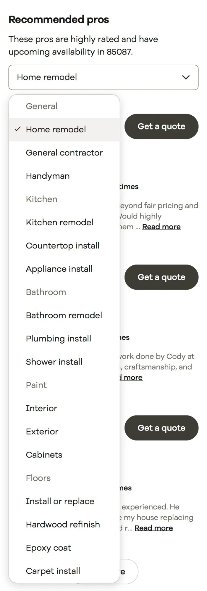 Dropdown de reformas do Realtor.com aberto no mobile, com uma lista longa agrupada por rótulos como Kitchen, Bathroom e Floors