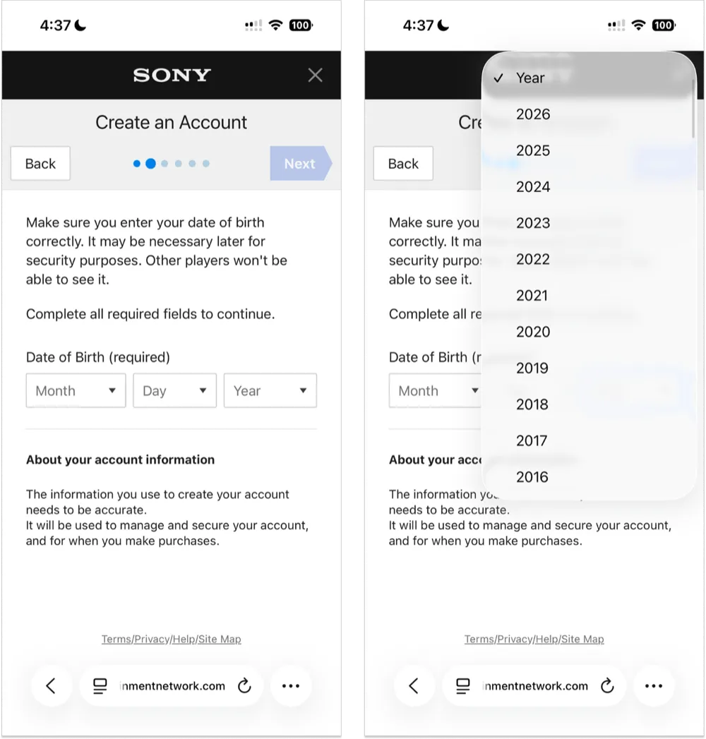 Dropdown de ano de nascimento da Sony aberto, com uma longa lista decrescente de anos
