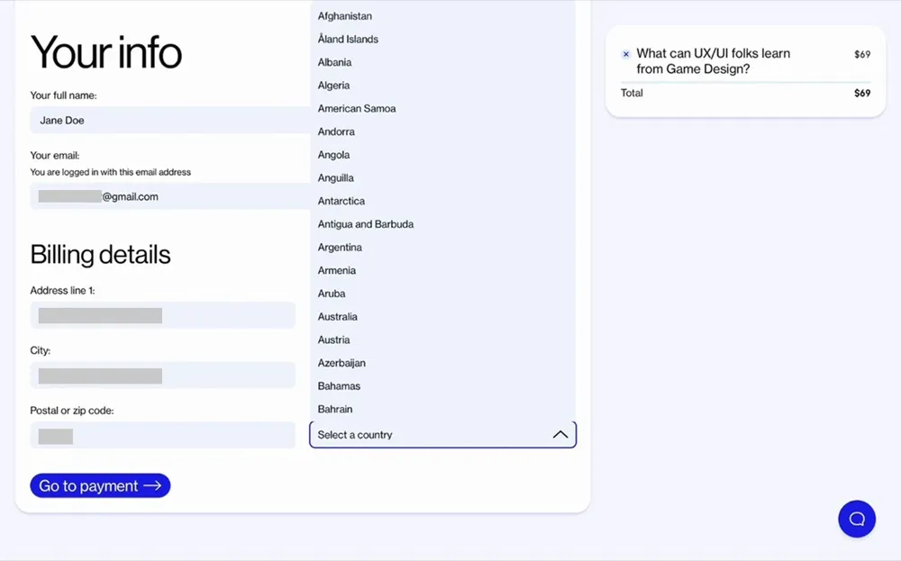 Checkout da SuperHi com o dropdown Select a country aberto, exibindo uma longa lista alfabética de países