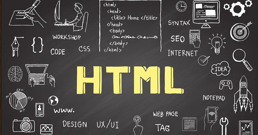 Lousa escura com a palavra HTML em amarelo, cercada por desenhos de giz