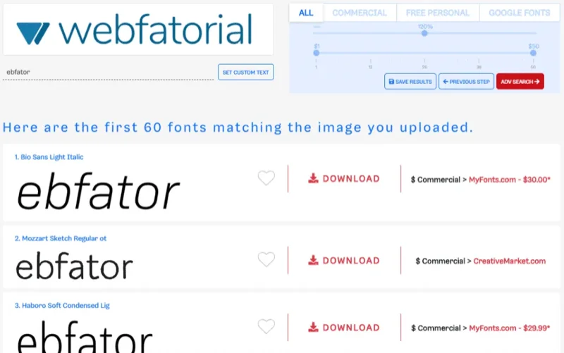 Identificador de fonte: resultado de identificação de fontes no Font Finder.