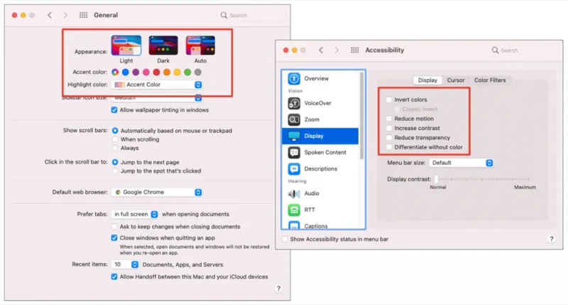 O novo web design responsivo: printscreen de 2 telas do sistema operacional mostrando que é possível alterar preferências de tema e redução de movimentos (motion).