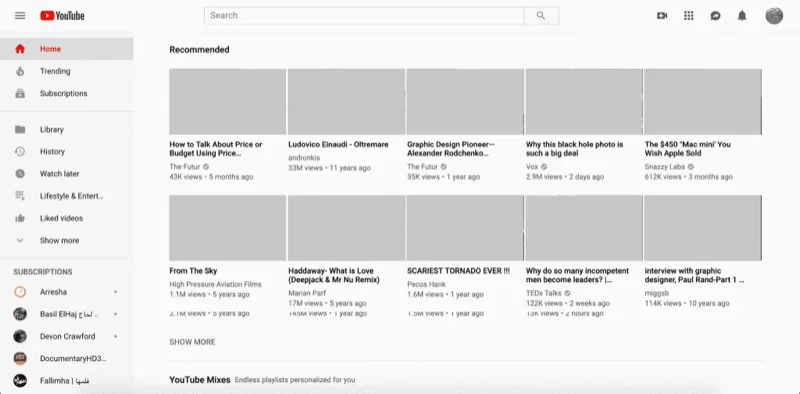 Pixel perfection: mockup representando o YouTube.