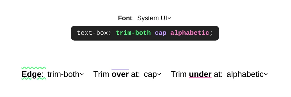 Prévia da sintaxe com text-box: trim-both cap alphabetic destacada, ao lado de três menus suspensos para escolher os valores de aparo