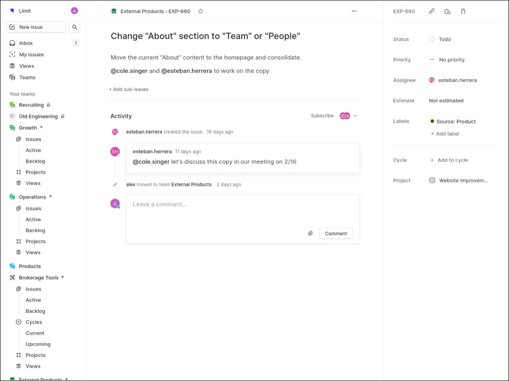 Interface do Linear